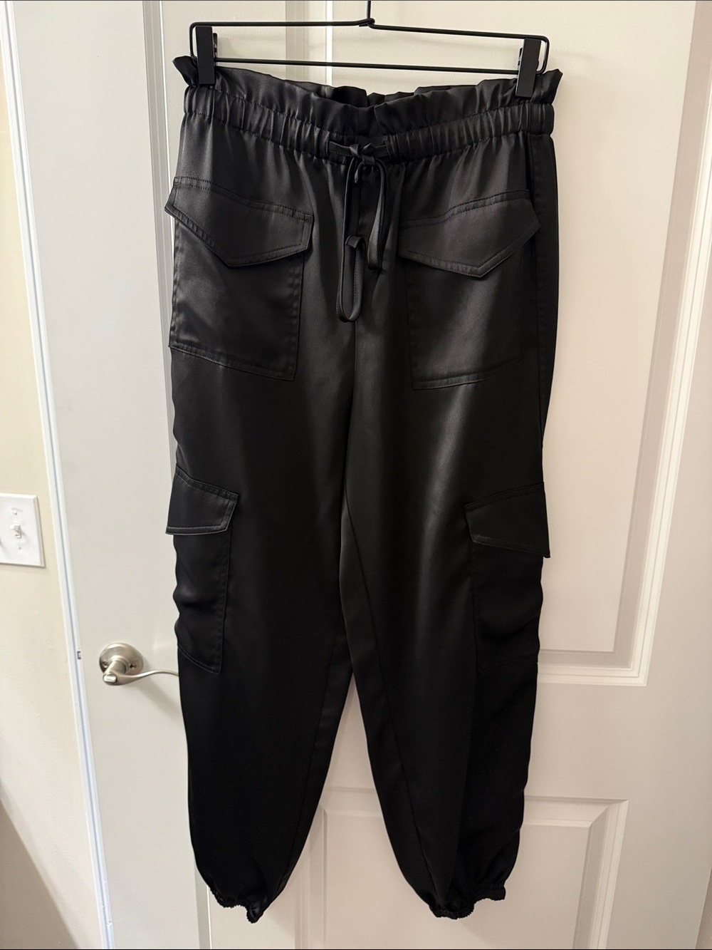 Never Worn! Banana Republic Black Satin Cargo Jogger Pants with Drawstring Waist